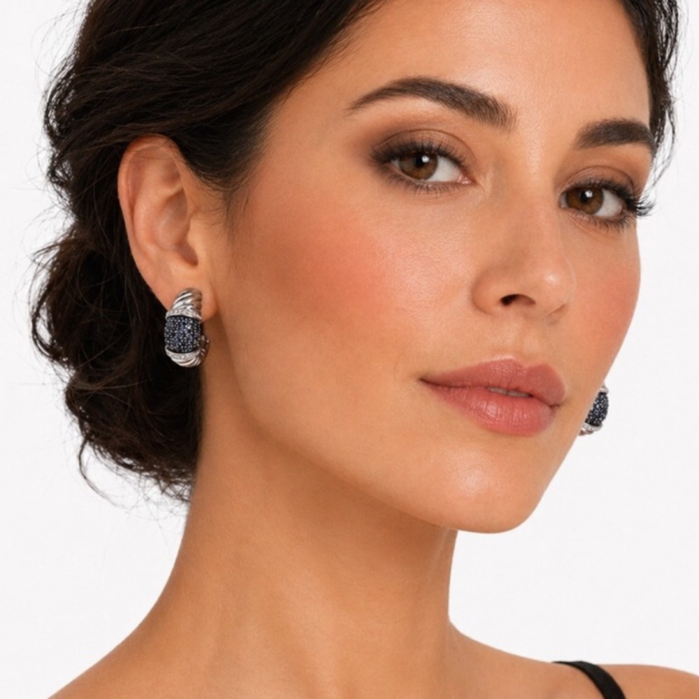 Blue Sapphire Diamond Accented Sterling Silver Cable Twist Omega Back Earrings